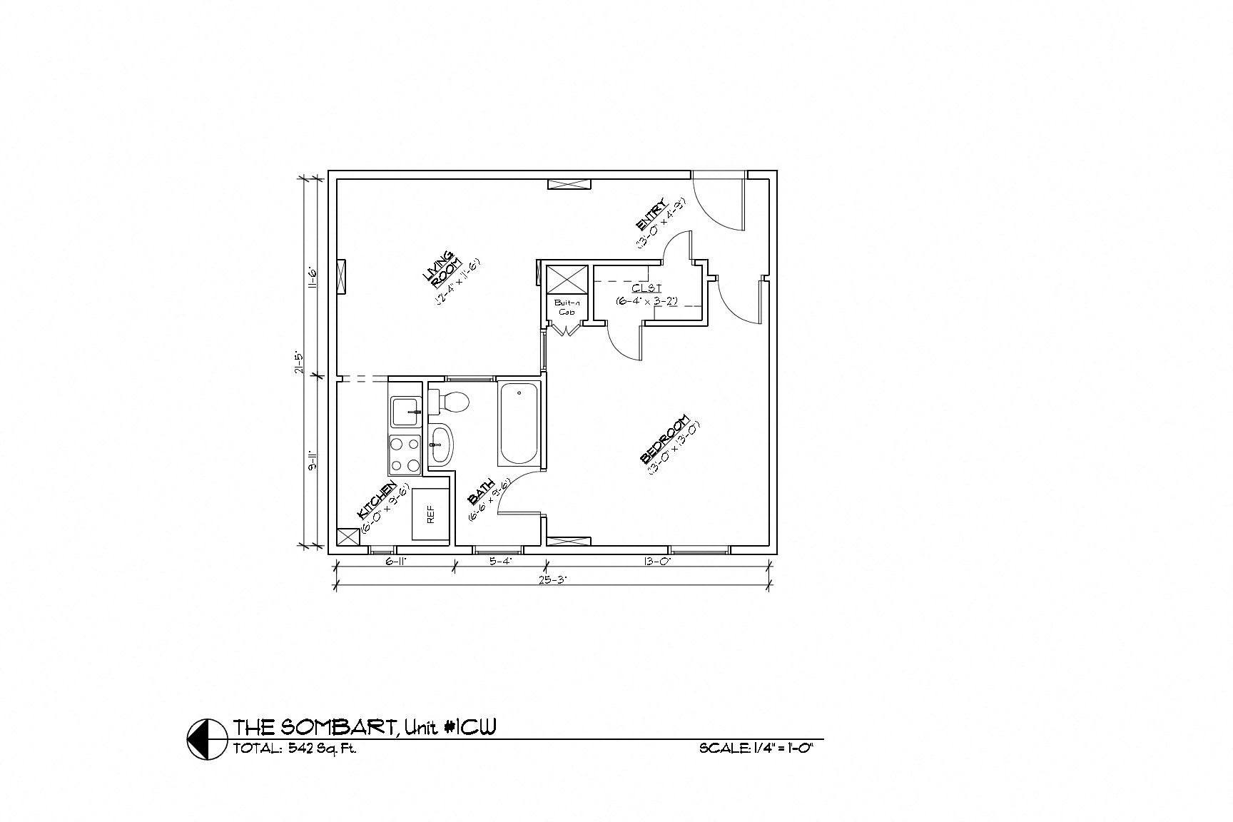 Floor plan for 1 bed, 1 bath, 558 sqft